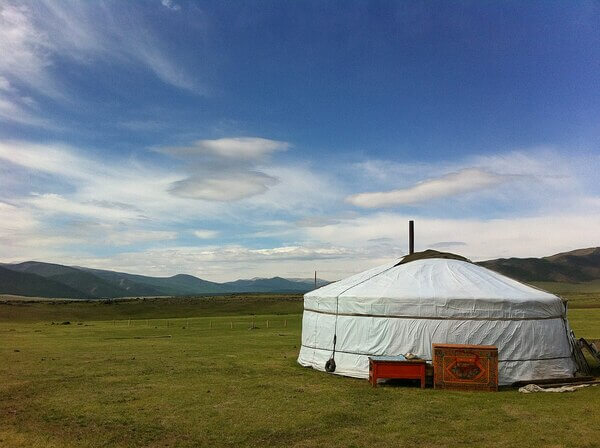 Mongolian yurt in steppe